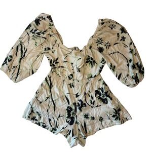 Tanya Taylor Women's Romper Size L Floral Print Open Back Puff Sleeve Linen